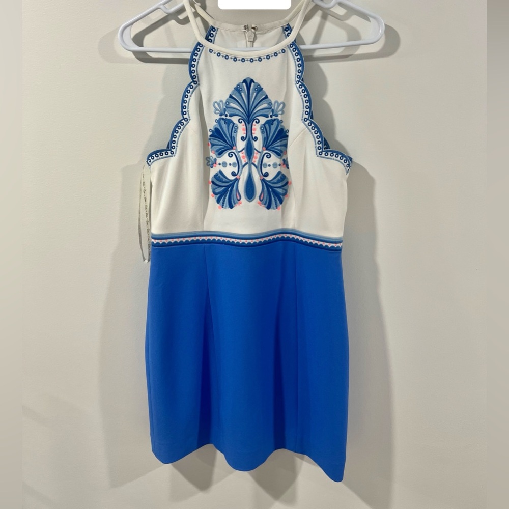 Blue and White Halter Dress with Embroidery